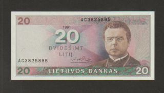 Lithuania 20 Litu Banknote,  1991,  Uncirculated,  Cat 47