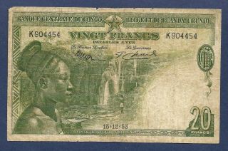 [an] Belgian Congo 20 Francs 1953 P26 Fine,