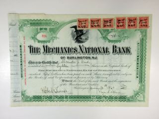 Nj.  Mechanics National Bank,  1920 18 Shrs Capital Stock I/c Certificate,  Vf