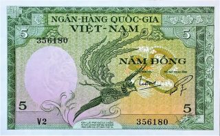 1955 Vietnam (south) 5 Dong Banknote,  S/n V2 356180,  Pick 2,  Choice Uncirculated