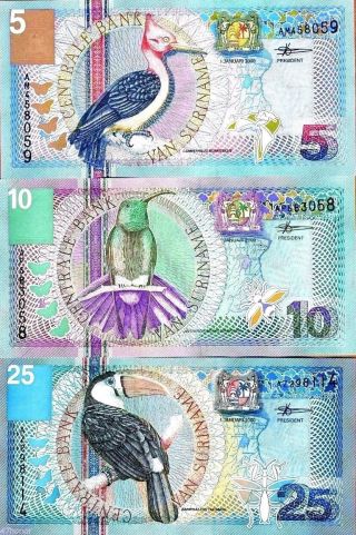 Suriname 2000 5 /10 /25 Gulden,  Banknote Set Unc