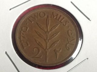 1942 Patestine 2 Mils British Mandate Bronze Coin,  Km 2.  فلسطين