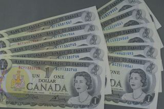 Ten - 1973 Canadian $1.  00 Bills - Uncirculated - Crisp