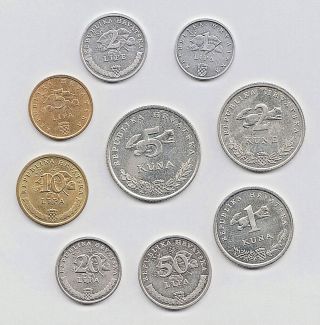 Croatia 1,  2,  5,  10,  20,  50 Lipa,  1,  2,  5 Kuna Au - Unc 2007 Full Set Of 9 Coins