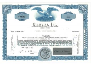 Stock Certificate Of Cinerama,  Inc.