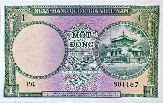 1955 Viet Nam (south) Vietnam 1 Dong Banknote,  S/n P.  6.  801187,  Pick 2a,  Unc.