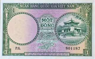1955 Viet Nam (South) Vietnam 1 Dong Banknote,  S/N P.  6.  801187,  Pick 2a,  UNC. 3