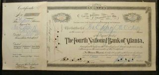 1896 The Fourth National Bank Of Atlanta Georgia Stock Certificate