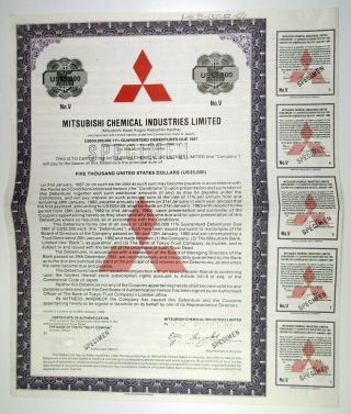 Japan.  Mitsubishi Chemical Industries Ltd.  1982 Specimen 11 $5000 Coupon Bond