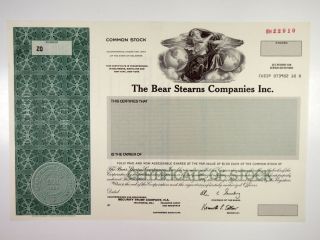 Bear Stearns Companies Inc. ,  1985 Specimen Odd Shrs Stock Certificate Xf Green