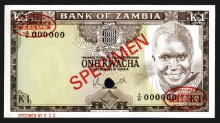 Zambia.  Bank Of Zambia.  Nd (1976) 1 Kwacha.  Pick 19s.  Specimen.  Unc Tdlr