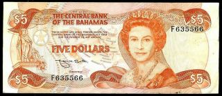 1974 Central Bank Of The Bahamas 5 Dollars Note Kp 45b About Unc.