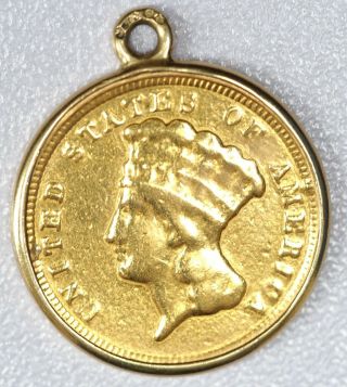 1854 $3 Princess Head Gold Fine Details In 14k Gold Bezel