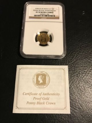 1990 Gold Isle Of Man Penny Black Anniversary 1/10 Oz Pf 70 Ngc Coin Proof
