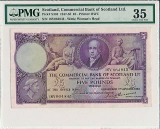 Commercial Bank Of Scotland Ltd.  Scotland 5 Pounds 1953 Pmg 35