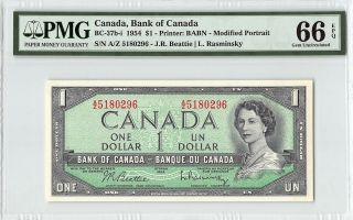 Canada 1954 Bc - 37b - I Pmg Gem Unc 66 Epq 1 Dollar (beattie - Rasminsky)