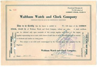 Waltham Watch & Clock Company Stock Certificate Massachusetts
