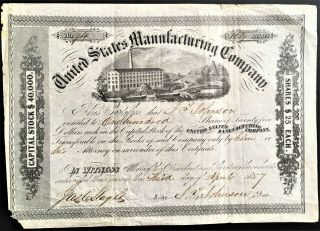 United States Manufacturing Company Stock 1857.  Pre - Civil War Mill - Factory