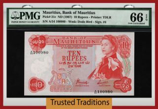 Tt Pk 31c Nd (1967) Mauritius 10 Rupees " Queen Elizabeth Ii " Pmg 66 Epq Gem Unc