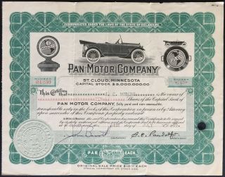 Pan Motor Car Co Stock 1918.  St.  Cloud,  Mn.  Samuel C.  Pandolfo Designer Promoter