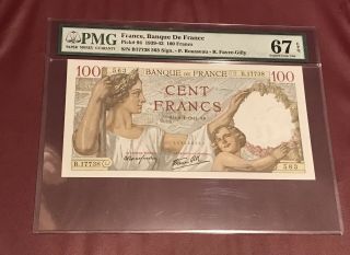 Bank Of France French 100 Franc 1941 Pmg 67 Gem Unc Pick 94 Ceres & Mercury