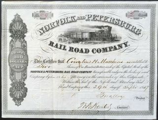 Norfolk & Petersburg Rail Road Co Stock 1857.  Historic Civil War Rr.  Mallory Sig