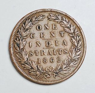 1862 India Straits Settlements 1 Cent Queen Victoria Copper Coin Km 6