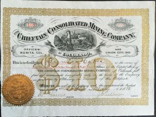 Chieftain Consolidated Mining Co Stock 1884.  Rosita,  Colorado Silver Cliff Mines