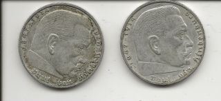 Two Coins 1938 Paul Von Hindenburg 2 Reichsmark Swastika Two Coins - Silver