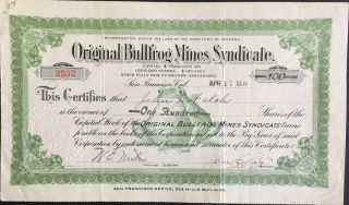 Bullfrog Mines Syndicate Stock 1906.  Rhyolite,  Nevada.  Famous Gold Mine