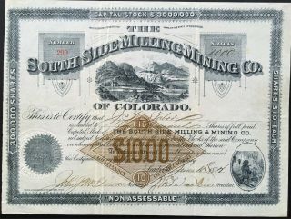 South Side Milling & Mining Co Of Colorado Stock 1882.  Leadville.  J.  L.  Tabor Sig