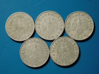 Reichspfennig 1942 A D F J.  5 Nazi German Coins.  Swastika.  Third Reich Wwii.  K151
