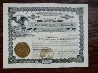 The Auto Traffic Company Of America Stock Certificate,  1904 Ten Shares Of $100ea