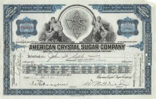American Crystal Sugar Company Preferred Stock Certificate 1930 