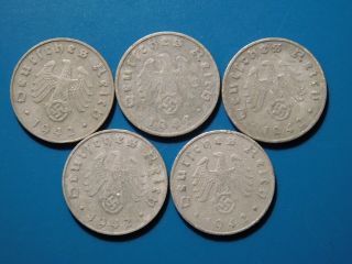 Reichspfennig 1942 A B E J.  5 Nazi German Coins.  Swastika.  Third Reich Wwii.  K148