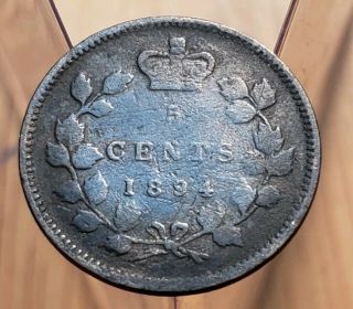 1894 Canada Queen Victoria 5 Cents Silver Coin 2