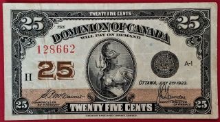 1923 Dominion Of Canada Twenty Five Cents Note S.  P.  Mccavour | J.  C.  Saunders