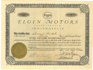Elgin Motors Incorporated.  Stock Certificate.  Indianapolis.