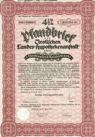 5000 Reichsmark Bond Certificate Ww 2 Era Austria,  629