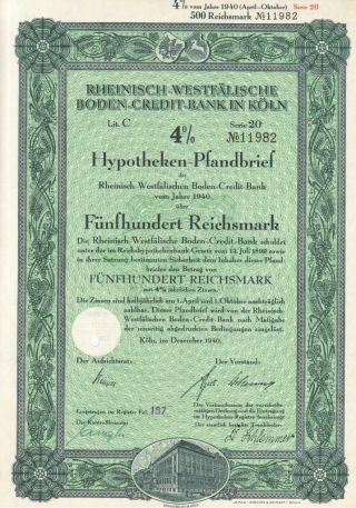 500 Reichsmark Bond Certificate From 1940,  Ww 2 Cologne Germany,  605