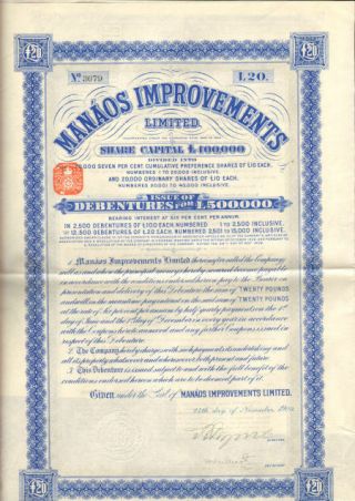 Manaos Improvements Limited 1909 Brazil Bond Certificate Share