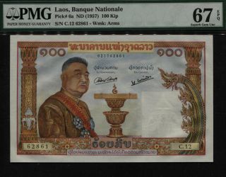 Tt Pk 6a Nd (1957) Laos Banque Nationale 100 Kip " S.  Vong " Pmg 67 Epq Gem