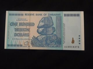 Ac Zimbabwe 100 Trillion Dollar Bill Aa /2008,  P - 91 Uncirculated
