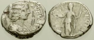 007.  Roman Silver Coin.  Julia Domna.  Ar Denarius.  Rome.  Juno.  Avf