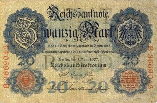 Germany 20 Mark Currency Banknote 1907