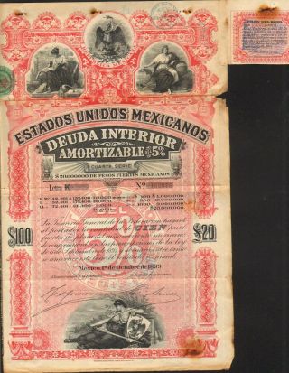 Mexico - Estadas Unidos Mexicanos 1899 - 100 Dollar Letter K - With Coupons