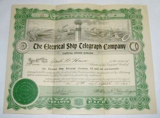 The Electrical Ship Telegraph Company Stock 4 Shares 1922 Delaware Illustration