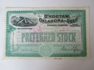 Old 1898 - Choctaw Oklahoma And Gulf Railroad Company - Stock Certificate
