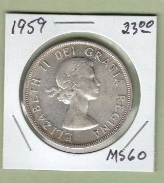 1959 Canadian One Silver Dollar Coin - Ms - 60