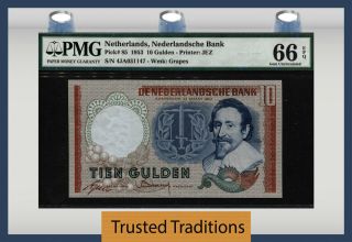 Tt Pk 85 1953 Netherlands 10 Gulden " Grapes " Pmg 66 Epq Gem Uncirculated